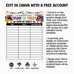 Printable trunk or treat sign-up sheet with sections for name, contact, and car theme, ideal for Halloween school events, PTA fundraisers, and community festivals, editable in Canva for quick customization.