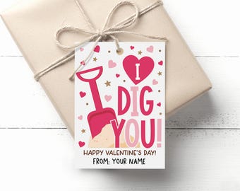 Valentine Gift Tag Printable, I Dig You Gardening Pun, Treat Bag Label, Digital Download