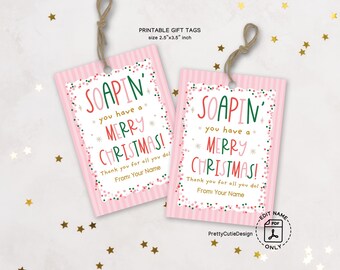 Soap Gift Tags, Christmas Pun, Pink Printable Holiday Labels for Teachers and Coworkers
