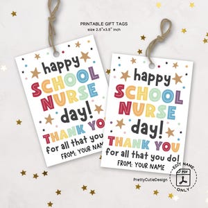 Etiqueta de regalo imprimible para el Día de la Enfermera Escolar, etiquetas de agradecimiento coloridas para enfermeras, agradecimiento a la enfermera escolar, idea de etiqueta de regalo para el personal