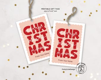 Retro Merry Christmas Gift Tags, Pink and Red Printable Labels (PDF)