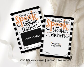 Halloween Teacher Gift Card Holder Printable, Spooktacular Teacher Appreciation Card, Halloween Thank You Tag, Instant Download Card Holder