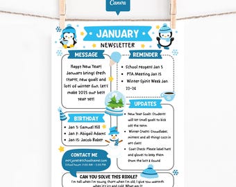 January Classroom Newsletter Template, Editable Monthly School Newsletter Canva Template, Printable Winter Parent Teacher Update