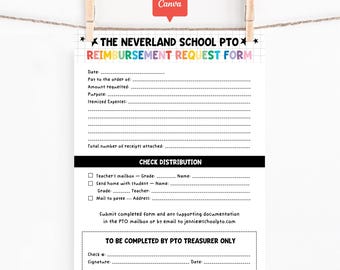 PTA/PTO Reimbursement Request Form Printable, Editable Canva Template, School Treasurer Expense Receipt Tracker