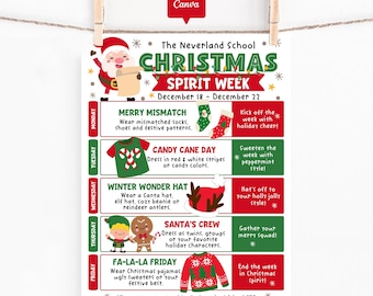 Christmas Spirit Week Flyer, Canva Template, School Holiday Theme Week Poster