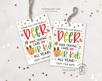 Christmas Gift Tags Printable, Thank You for Being a Deer, Teacher Daycare Staff Labels