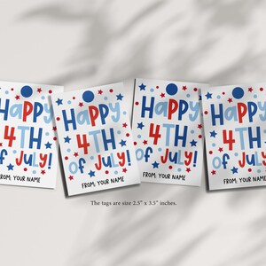 Colorful and festive Independence Day tag, downloadable and editable with stars and bright “Happy 4th of July!” message for holiday treats
