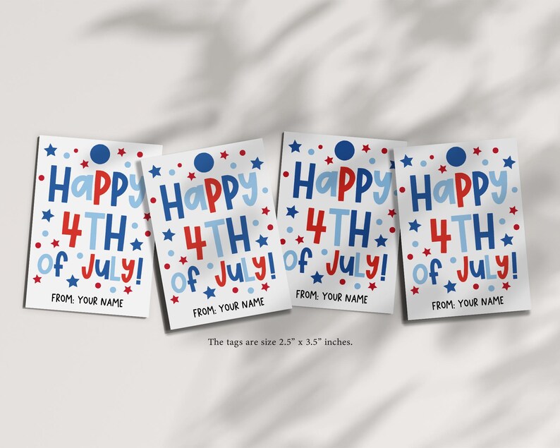 Colorful and festive Independence Day tag, downloadable and editable with stars and bright “Happy 4th of July!” message for holiday treats