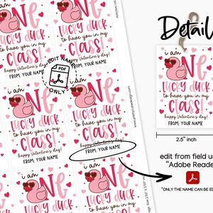 Lucky duck Valentine favor tag digital file showing a smiling pink duck with heart eyes, whimsical script and block lettering, and a border of tiny hearts, made for teachers or parents to print at home and attach to snack bags or small gifts for kids in class.