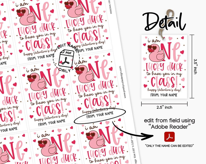 Lucky duck Valentine favor tag digital file showing a smiling pink duck with heart eyes, whimsical script and block lettering, and a border of tiny hearts, made for teachers or parents to print at home and attach to snack bags or small gifts for kids in class.