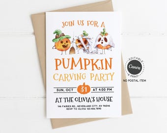 Pumpkin Carving Party Invitation: Editable Halloween Event Flyer (DIY Canva Template, 5x7in, Digital Download)