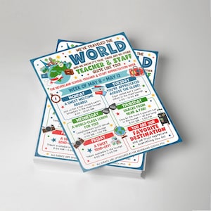 Staff appreciation week sign template with travel themed illustrations, created for schools to customize and use as a printable poster, staff lounge notice, or event schedule, with a world map globe, passport, luggage, compass, and bold colorful fonts that make the design feel festive.