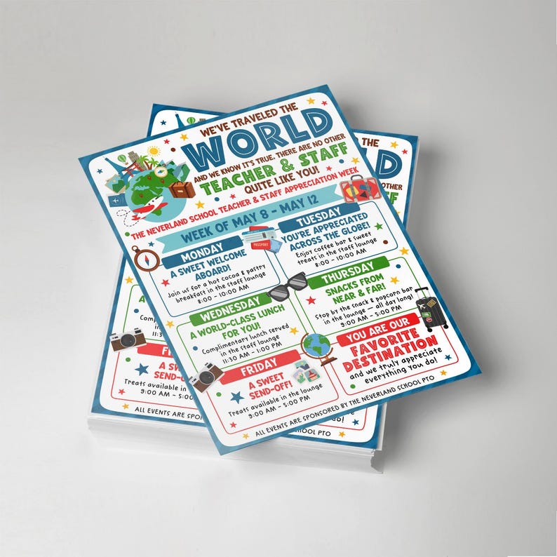 Staff appreciation week sign template with travel themed illustrations, created for schools to customize and use as a printable poster, staff lounge notice, or event schedule, with a world map globe, passport, luggage, compass, and bold colorful fonts that make the design feel festive.