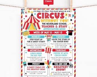 Affiche de la semaine d'appréciation des professeurs de cirque pour la célébration du personnel de l'école et la décoration de l'événement de prise de force