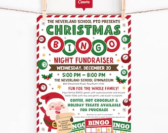 Christmas Bingo Night Flyer, Canva Template, School PTO Holiday Fundraiser Poster