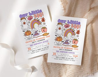 Editable Halloween First Birthday Invitation, Our Little Boo Girl Party Invite, Cute Pastel Ghost Theme, Canva Printable Download