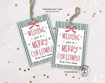 Merry Christmas Gift Tags, Green Stripe Bow (Printable)