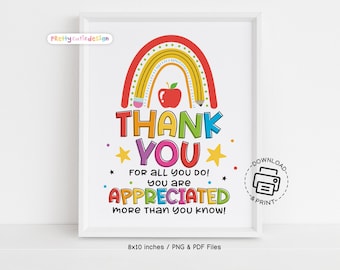 Teacher Appreciation Week Thank You Sign Printable, Rainbow Pencil Apple Poster for Classroom Staff Recognition, You Are Appreciated Gift