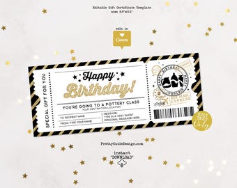 Pottery Class Gift Certificate Editable Template, Birthday Surprise Ticket, Pottery Classes Gift Voucher Printable, Birthday Coupon Template