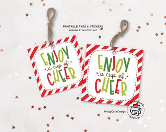 Enjoy a Cup of Cheer Gift Tags, Christmas Mug Tag Printable, Hot Cocoa Holiday Labels