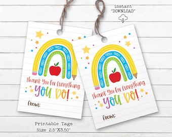 Thank You For Everything You Do, Printable Teacher Appreciation Week Gift Tag, Teacher and Staff Cookie Treat Tag, School PTO PTA