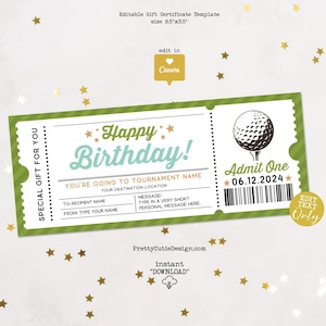Golf Trip Geschenkgutschein bearbeitbare Vorlage, Golf-Geburtstagsüberraschungsticket, Golfgeschenkgutschein druckbar, Geburtstagsgutscheinvorlage