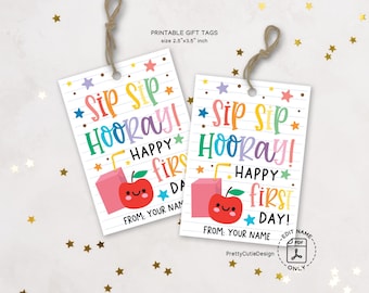 First Day of School Gift Tags Printable, Sip Sip Hooray Tags, Back to School Treat Bag Tags, Juice Box Tag Labels, Teacher Welcome Gift