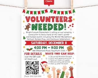 Holiday Volunteers Needed Flyer, Christmas School Event Canva Template, Winter Festival Poster
