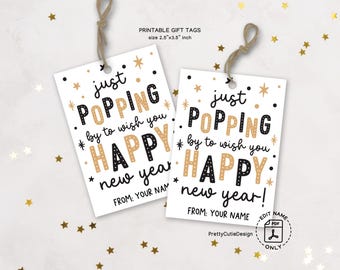 New Year Popcorn Gift Tag Printable, Just Popping Happy Party Favor Label