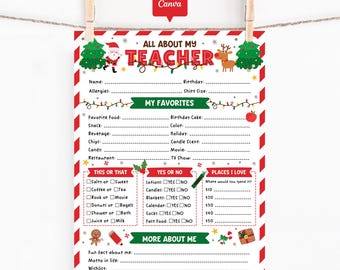 All About My Teacher Printable, Christmas Gift Guide, Editable Canva Template