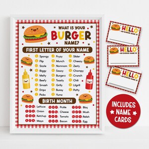 Juego imprimible de nombres de hamburguesas, divertida actividad de etiquetas con nombres para cumpleaños infantiles o fiestas de barbacoa, tarjetas de nombre imprimibles, descarga instantánea en PDF