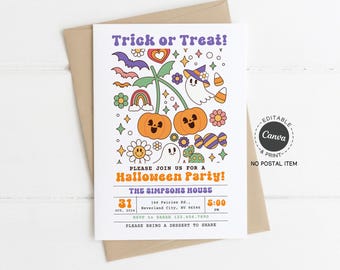 Printable Halloween Party Invitation, Trick or Treat Editable Canva Template, Cute Ghost Pumpkin Fall Party Invite, Instant Download