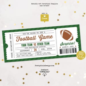 Football Ticket Template Canva Editable, Football Ticket Gift Certificate, Football Game Gift, Football Birthday Surprise Ticket Gift