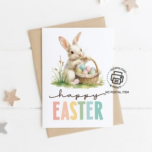 Biglietto d'auguri pasquale stampabile con coniglietti, biglietto d'auguri vuoto con coniglietti pasquali felici, biglietti carini coniglietti pasquali, biglietti stampabili per le vacanze di Pasqua