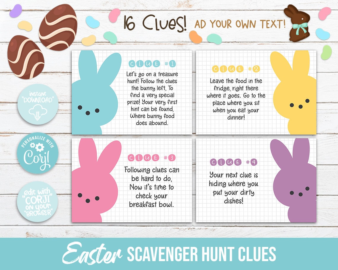 Easter Scavenger Hunt Clue Cards for Kids / Bunny Easter Etsy