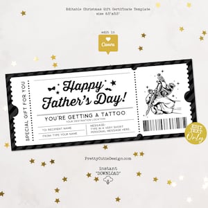 Chèque-cadeau modifiable pour la fête des pères, bon de tatouage imprimable pour papa, billet-cadeau pour une séance de tatouage, modèle Canva à télécharger