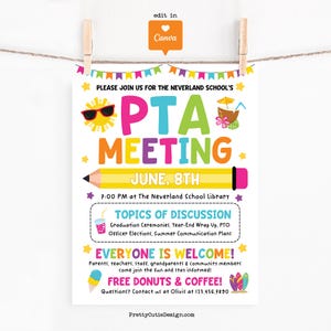 Summer PTA PTO Meeting Flyer Printable, Editable June Parent Teacher Meeting Sign, School Communication Poster, Flyer Canva Template