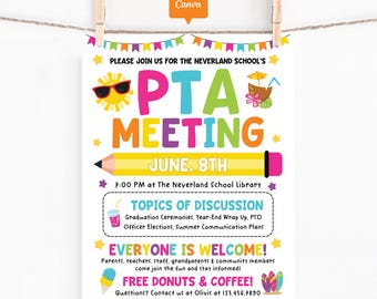 Summer PTA PTO Meeting Flyer Printable, Editable June Parent Teacher Meeting Sign, School Communication Poster, Flyer Canva Template
