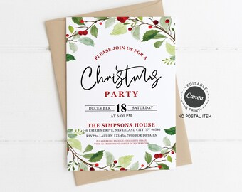 Christmas Party Invitation Printable, Watercolor Holly, Canva Template, 5x7 (Digital Download)