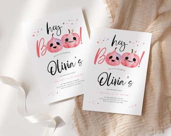 Halloween Girl Birthday Invitation, Pink Pumpkin Ghost Party Invite, Hey Boน Birthday Digital Card, Editable Canva Template Instant Download