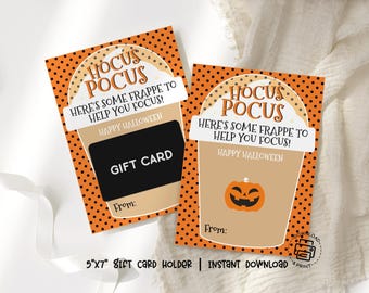 Hocus Pocus Coffee Gift Card Holder Printable, Halloween Frappe Gift Tag for Teacher Friend Coworker, Orange Polka Dot, Halloween Card
