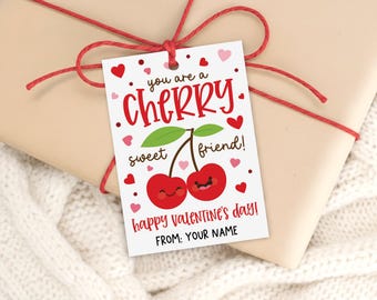 Printable Valentine Gift Tag, Cherry School Favor, Kids Classroom Treat Bag Label
