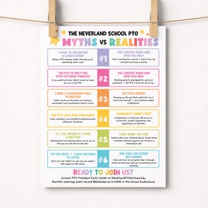 May include: A white informational flyer titled The Neverland School PTO Myths vs Realities. It features six numbered points comparing common misconceptions with facts in colorful boxes, ending with contact information for the PTO President.