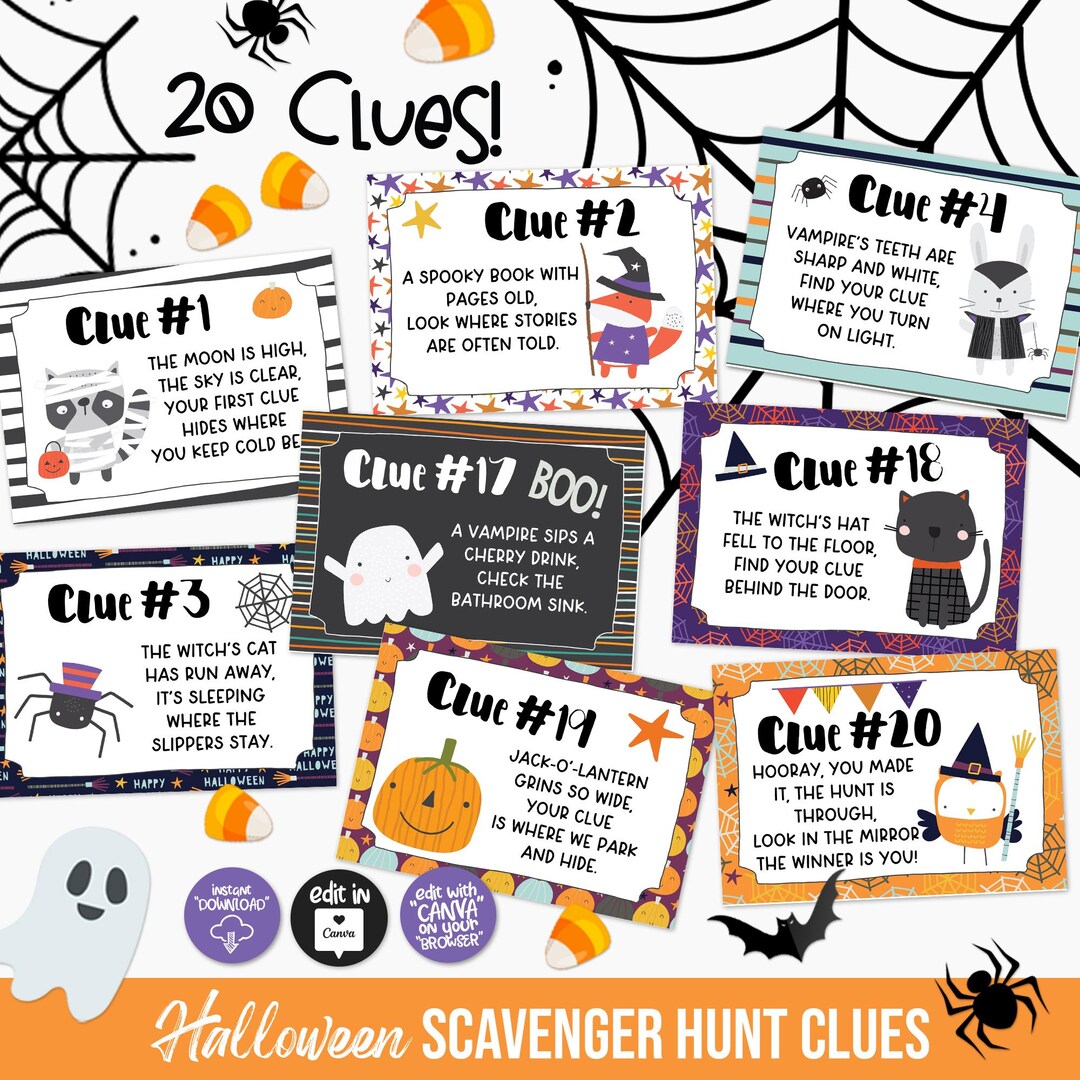 Halloween Scavenger Hunt Clues Printable, 20 Treasure Hunt Clues for ...