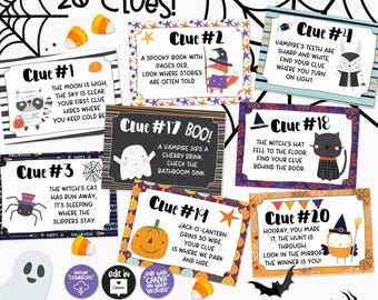 Halloween Scavenger Hunt Clues: 20 Printable Riddles, Kids Party Game (Canva Editable, Digital Download)