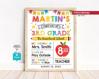 Editable First Day of School Sign, Personalized Back to School Printable Sign, First Day of 3rd Grade Photo Prop Print, Canva Template