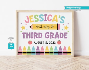 Editable First day of 3rd Grade Sign, Personalized 1st Day of School Printable Template, Girl Back to School Photo Prop, Instant Download
