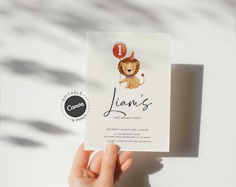 Lion First Birthday Invitation for Boy, Wild One-Party Invite, Safari Jungle Theme Printable Card, Cute Baby Animal Birthday Design