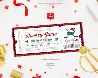 Surprise Hockey Game Gift Voucher, Hockey Christmas Gift Ticket, Sports Gift Ticket Coupon, Editable Hockey Certificate Template
