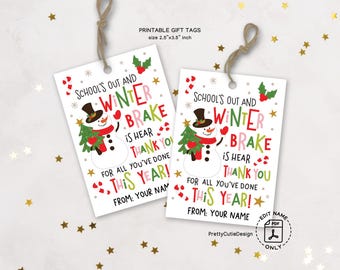 Teacher Christmas Gift Tags, Winter Break Thank You Printable, School Staff